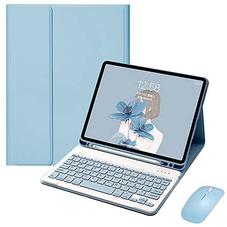 QYiiD Étui AVCE Clavier et Souris pour iPad 6eme/5eme Génération 2018/2017, iPad Air 2/1, iPad Pro 9.7, Housse Coque de Protection avec Détachable sans Fil AZERTY Clavier, Bleu