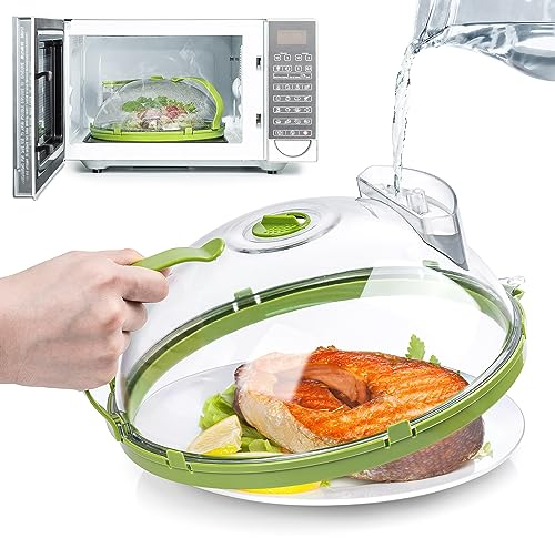 Gracenal Mikrowellen Abdeckung mit Griff Wasserdampfer, 26cm Transparent Microwellenabdeckungen, Abdeckhaube Mikrowelle mit Umleitungsrinne (Grün 26cm)