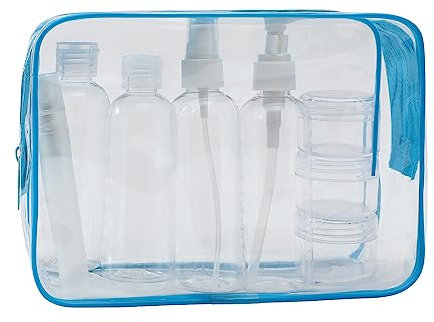MOCOCITO Kulturbeutel durchsichtig und 8 Stück Reiseflasche Set (max.100ml) | Kulturtasche für Flüssigkeiten Kulturtasche für Handgepäck Kosmetiktasche Reiseflaschen(Blau)