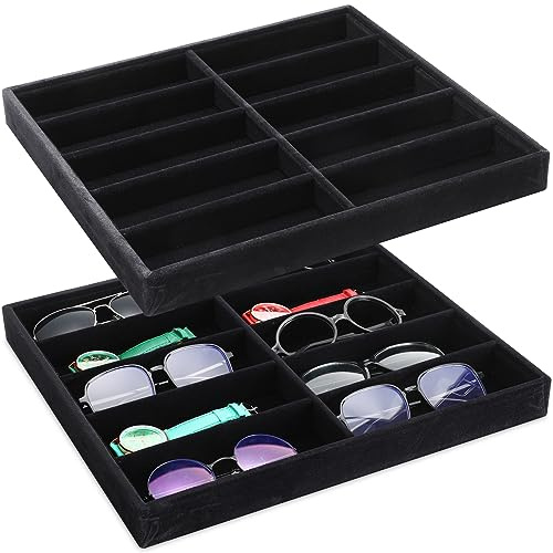 Batiyeer 2 Pcs Sunglasses Organizer Storage Tray 10 Grids Eyewear Watch Holder Display Stackable Ice Velvet Jewelry Tray for Eyeglasses Glasses Storage Women Men (Black)