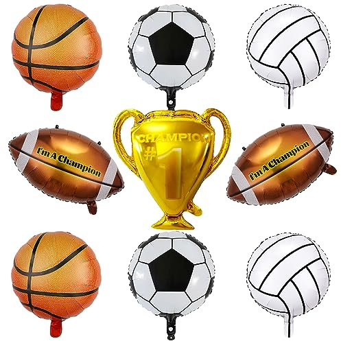 22 PCS Fußball Folienballon Champion Trophäe Mylar Luftballon Basketball Heliumballons Volleyball Foil Ballon Fußball Ballon Set für Baby Shower Deko Jungen Mädchen Kinder Geburtstagsparty Dekoration
