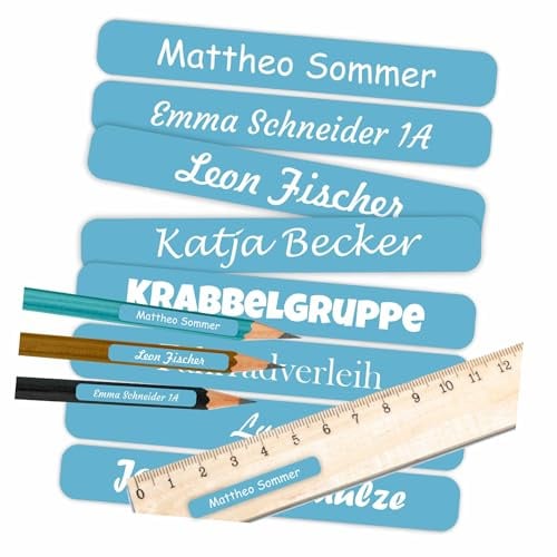 INDIGOS UG Namensaufkleber Kinder Schule 51x7mm - hellblau - Namensschilder selbst gestalten mit Namen für Schulsachen - individuell personalisiert - wasserfest für die Spülmaschine - 75 Sticker