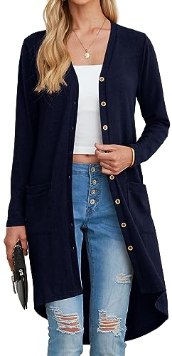 GRECERELLE Women's Long Lightweight Cardigan Long Sleeve Button Down Loose Outwear Cardigans Jacket with Pockets for Ladies UK Navy Blue-L
