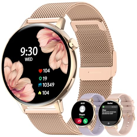 Betatree Smartwatch für Damen, rund, Anruf und Antwort, Sprachassistent, Fitness-Tracker, Sportuhr, Schrittzähler, mit Herzfrequenzmesser, Stoppuhr, 3 wasserdichtes Armband für Android iOS