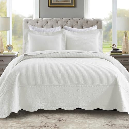 MarCielo 3-Piece 100% Cotton Oversized Bedspread Lightweight Quilt Coverlet Embroidery Farmhouse Bedding Set (TG Bright White, Oversized Queen (100x106))