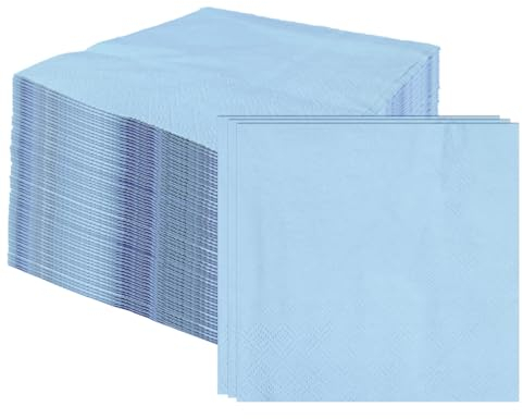 100 Stück 2-lagige hellblaue Servietten, gefaltet, 12,7 x 12,7 cm, Einweg-Cocktail-Servietten, Papierservietten für Abendessen, Hochzeit, Party, Babyblaue Getränke-Servietten