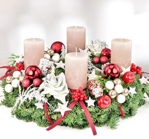 Frischer Premium-Adventskranz Fröhliche Weihnachten in Rot-Grau-Weiß, handgebundener Kranz aus echter Nobilistanne, Durchmesser 30 cm, 4 hochwertige Rustikkerzen, Adventszeit & Weihnachtsdekoration