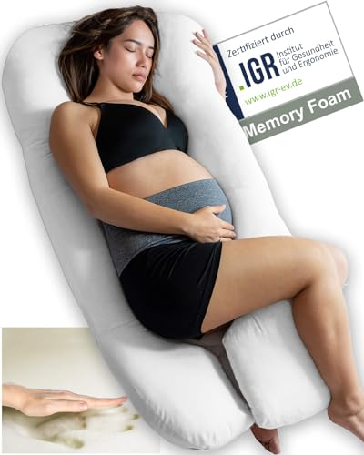 Traumreiter Seitenschläferkissen Visco M mit Bezug Weiß, Hybrid Kissen + 1cm Memory Foam, U Form Schwangerschaftskissen Gel Body Pillow Komfortkissen Erwachsene, Ergonomie Zertifiziert