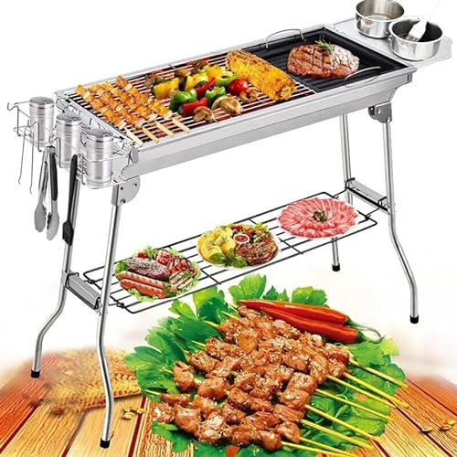 SROCHN Holzkohlegrill 100 x 33,5 x 70 cm, Edelstahl-Holzkohlegrill, für 5–10 Personen, Klappbarer Tragbarer Außenbereich Grill für Terrasse, Camping, Party