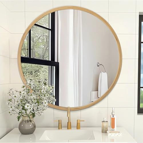 AOAOPQ Miroir de salle de bain mural avec cadre en aluminium et métal - Miroir rond moderne à suspendre - 50,8 cm - Grain de bois mat
