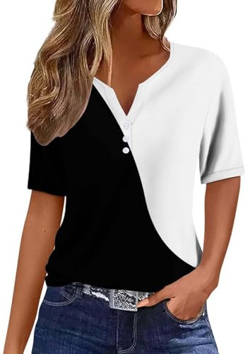 Ventes Flash HUIFUAO T-Shirts pour Femmes, T-Shirts d'été à Boutons avec col en V et Manches 3/4 pour Femmes, Haut rayé de Couleur, t-Shirt d'été Basique pour Femme, Coupe Ample, Z11 Noir, S