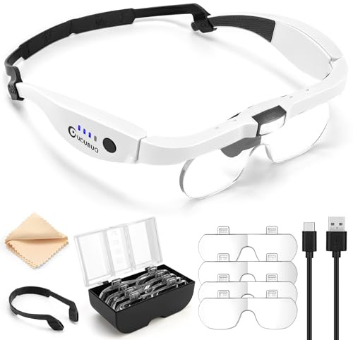 GUOUBUO Magnifying Glass with Light, 1.5X-5.0X Magnifying Glasses, Rechargeable Magnifier Headset with Light, Head Magnifier with 4 Detachable Lenses, Magnify Glasses for Close Work Crafts Jewelry