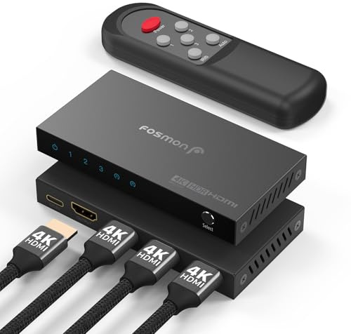 Fosmon Conmutador HDMI 4K 60Hz 5 Puertos Manual 5x1 Hub con Mando | Compatible con PS5, Xbox X/S, Apple TV, Proyector, Laptop, y PC. High Speed 18Gbps HDCP 2.2 Selector para TV