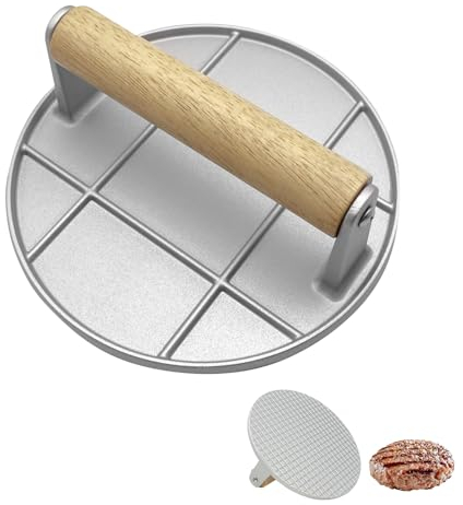 Foyucool Smash Burger Press, 16cm Rond Presse à Hamburger, Poignée en Bois Résistant à la Chaleur, pour Steak, Burger, Viande, Barbecue, Argent