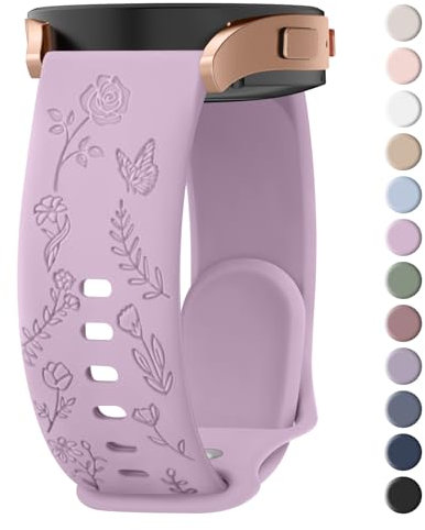 Mugust Armband für Samsung Galaxy Watch Active 2 40mm 44mm/Active 40mm 44mm Armband für Damen Herren, 20mm Silikon Armbänder mit Blumengravur (Violett)