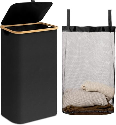 Cesto Ropa Sucia con Tapa 100L, Cesta Ropa Sucia Delgado con Bolsa Interior Extraíble y Lavable, Laundry Basket, Cubo Ropa Sucia Plegables para Lavadero,100 L, color negro