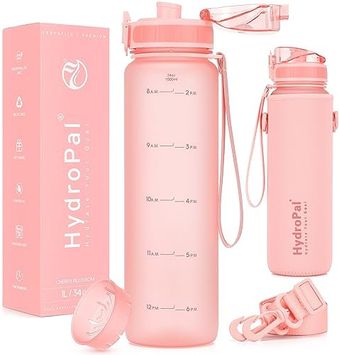 HydroPal 1L Sports Water Bottle, Slim Plastic Drink Bottle with Filter/No-Sweat Sleeve, Leakproof Water Bottle with Time Markings for Gym, Running, Travel, School, Office, Outdoor, BPA-free
