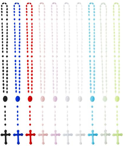 DICOSMETIC 120Pcs 10 Colors Plastic Rosary Necklace 22.05 inch(56cm) Rosary Beads Bulk Luminous Cross Necklaces Glow in The Dark Y Necklace Prayer Jewelry Easter Gift for Women Men Ladies
