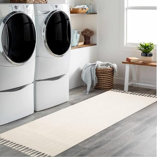 JaeMoose Boho Teppich, Baumwolle Gewebte Teppiche, mit Quasten, waschbarer schwarz-weißer Bauernhaus-Überwurfteppich, kurzfloriger Teppich (Beige/Weiß, 60 x 180 cm)
