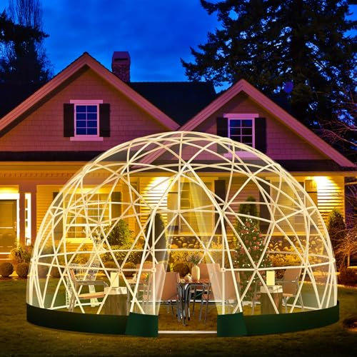 4.6M Garten Kuppel lgloo, Geodätische Kuppel Gewächshaus mit PVC-Klar Abdeckung, Garten Bubble Dome Zelt Haus mit 2 x 10M Light Strings für Outdoor, Patio (Green Edge, 4.6M)