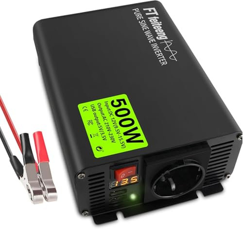 Inverter a onda sinusoidale pura, da 12 V CC a 220 V/230 V AC, display a LED, doppia porta USB 5 V/3,4 A, adatto per campeggio, camper, camion (500 W)