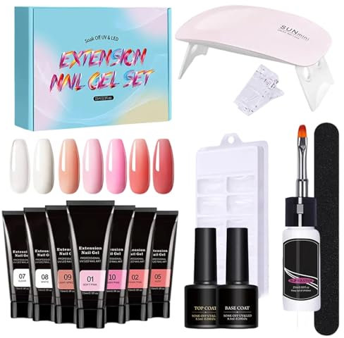 Poly Nail Gel Kit | Poly Nail Kit with UV Light Extension Gel Set - 7 Colors Thickening Solution Builder Toenail Art for Beginners & Home