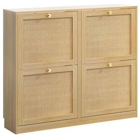 Yvsevnr Oak Rattan Shoe Rack Cabinet with 4 Flip Drawers Freestanding Shoe Storage Cabinets Wood Narrow Entryway Shoe Cupboard for 16-24 Pairs Shoes, Anti-Tip, for Hallway or Entryway