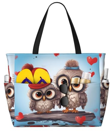 XKBFKLKMC Süße Eule extra große Strandtasche für Frauen, wasserdicht, sanddicht, große Pooltasche, leichte Schultertasche mit Reißverschluss, faltbare Handtasche für Reisen, Pool, Shopping, Urlaub