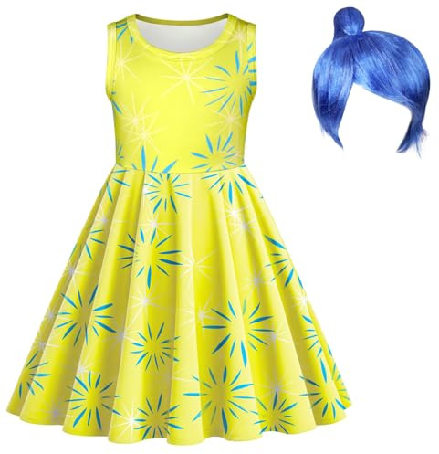 DiULi Ekel Kostüm Kinder, Disgust Kleid Kostüm mit Perücke, Emotionen Verkleidung Mädchen für Cosplay, Halloween, Kindertag, Karneval,Gelbes, Grün