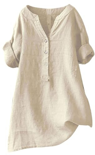 ZTFYKLIN Chemise Femme Lin Blouse Chic Et Élégant Tops Grande Taille Ample Hauts Été Manches Courtes T-Shirts Couleur Unie LâChe Respirant Shirts Col en V Boutonné Femmes Blouses Doux Confortable