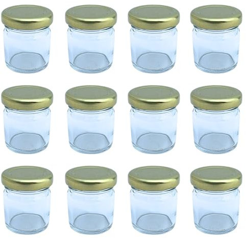 Bramley & Sage 42ml 1.5oz Miniature Round Glass Jam Jars with Gold Twist-Off Lids Wedding Favours (Set of 12)