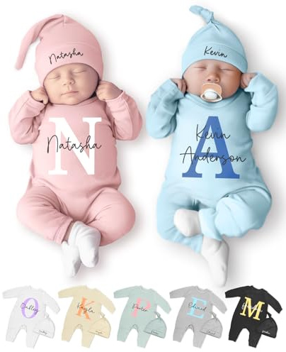 Babykleidung mit individuellem Namen, Outfit und Mütze, Set für Jungen und Mädchen, 0-6 Monate, personalisiertes Geschenk