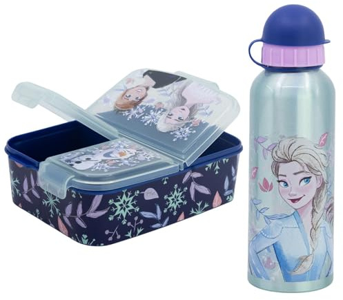 Disney Die Eiskönigin Kinder Lunch Set – 2-teilig mit Brotdose & Aluminium-Trinkflasche (530 ml) – Offizielles Frozen Lizenzprodukt – ELSA, Anna & Olaf Motiv