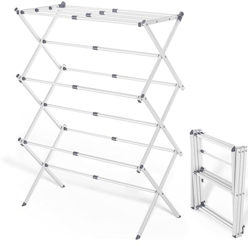Bobikuke Klappbarer Wäscheständer mit 4 Kleiderbügel, ausziehbar Wäscheständer 3 Ebenen für drinnen und draußen, 73 x 35.5 x 105 cm - Weiß