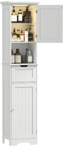 HOMCOM Mobile Bagno Alto Slim con 2 Ante Sensore LED 40x30x170 cm Bianco | 2 Armadietti a Ante, Mobiletto Bagno Salvaspazio, Ripiano Aperto, Cassetto, Piedini Ripiani Regolabili