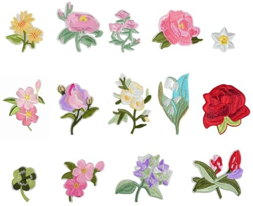 14 Stück große Größe Aufbügeln Blumen Bestickte Aufnäher, Hochwertige Polyester Bügel-Patches mit Blumenmotiven, Einfache Anwendung für Jeans, Hemden, Jacken – Perfekt zum Verschönern & Reparieren