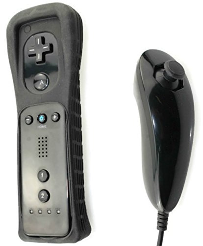 AMGGLOBAL® Remote and Nunchuk Controller in Blue Red White Black Pink For Nintendo Wii Remote WII + FREE SILICONE COVER (Black)