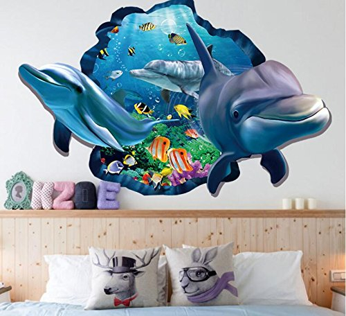 HALLOBO® XXL Wandtattoo Wandaufkleber 3D Fenster Delphin Unterwasserwelt Delfine Marine Meer Wandbild Wohnzimmer Schlafzimmer Kinderzimmer Deko Badzimmer
