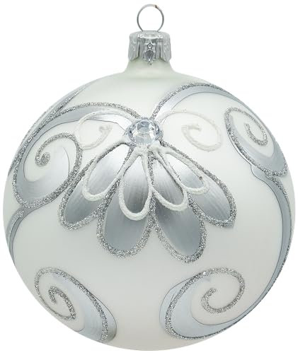 VITBIS - Palline di Natale in vetro, 10 cm, soffiate a bocca, decorate a mano e realizzate a mano, decorazione per albero di Natale – colore bianco opaco con ricca decorazione in argento