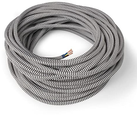 Amarcords - Cavo elettrico tessile colore BIANCO-NERO ZIG-ZAG tondo seta 10 metri con messa a terra 3x075mm - Filo rivestito in tessuto colorato vintage per lampade lampadari applique e abat jour.