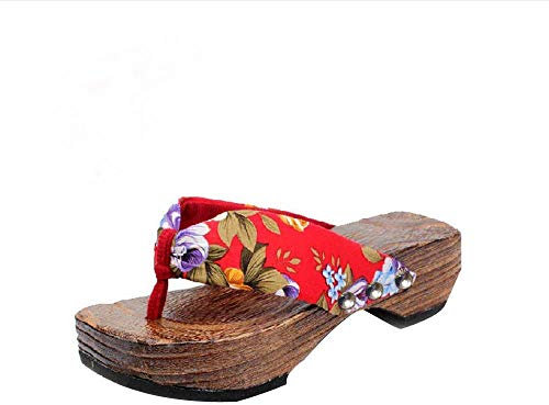Damen Slim Zehentrenner Hausschuhe Frauen Sommer Plattform Schuhe Holz Sandalen Clog Holz Flip Flops (38,Rot)