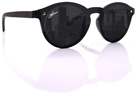 glozzi Sonnenbrille Damen und Herren Holz Polarisiert und Entspiegelt UV400 Schwarz Rund mit Holzbügeln aus Ebenholz und Brillenetui aus Kork