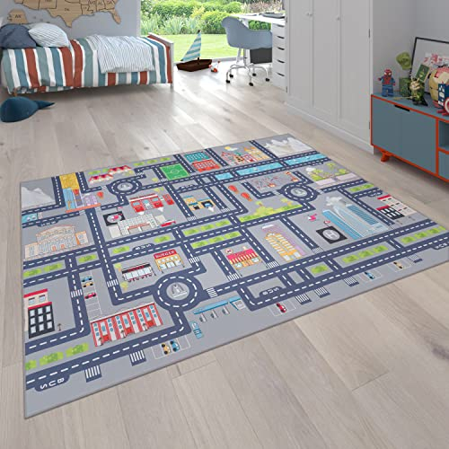 Paco Home Spielteppich Kinderteppich Kinderzimmer Straßenteppich Auto Straßen Motiv rutschfest Grau, Grösse:Ø 200 cm Rund