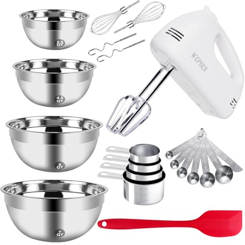 WEPSEN 5-Speed Electric Hand Mixer, 4 Large Mixing Bowls Set, Handheld Mixers with Whisks Beater, Stainless Steel Metal Nesting Bowl Measuring Cups Spoons Kitchen Cake Blender for Baking Supplies