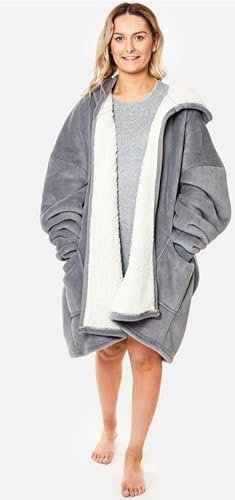 Sienna Long Dressing Gown with Hood for Women Men Ladies Girls Fluffy Sherpa Lined Luxury Super Soft Flannel Fleece Comfy Hoodie Cosy Bathrobe - Charcoal Grey