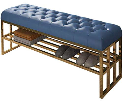 BHBXZZDB Schuhregalbank, luxuriöser Eingangsschuh aus rostfreiem Stahl, Ledersofa und Hocker im Wohnzimmer, Moderne Schlafzimmerbett-Hockerbank (Farbe: Dunkelblau, Größe: 80 * 40 * 45 cm)