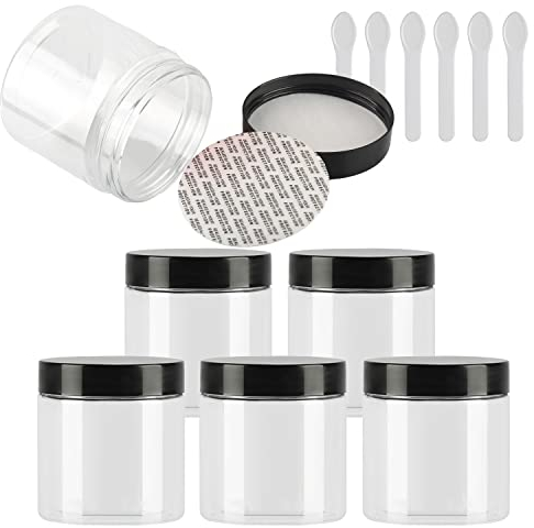TIANZD 6 Stück Kleine 200 ml Transparent Kunststoff Leere Cremedose Dose mit Schwarz Deckel 200 g Leerdose Schraubdose Blechdosen Kosmetische Behälter Tiegel, 6 Stück Spatel