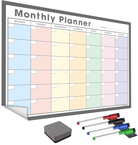 WallTAC Wandplaner und Monats-Organizer A2 | Wiederverwendbarer, abnehmbarer und repositionierbarer selbstklebender Whiteboard-Kalender für Zuhause, Schule und Büro (Weiß und Pastellfarben, A2)