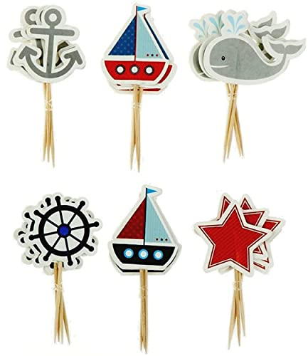 WIKI FIESTA Sea Cake Decoration, Marine Theme, Boat Cake Topper, Cupcake Sailing Boat, Timon Decoration, Cupcake Decoration, Birthday Seaside Decoration, Sailor Decoration (Pack of 24)