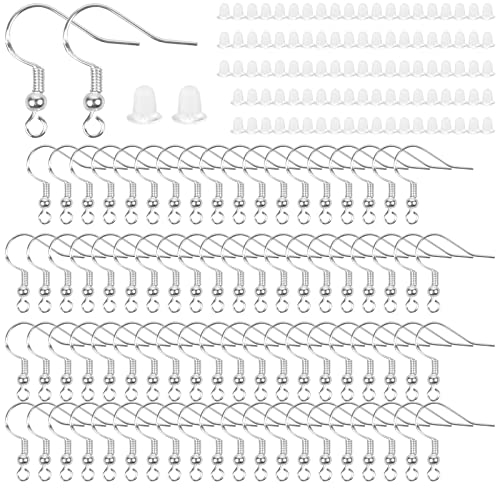 KYSUN Ohrringhaken Set, 100 Stück 925 Sterling Silber Ohrhaken, Ohrring Haken, Hypoallergene Ohrhaken und 100 Stück Durchsichtigen Ohrring Sicherheitsrücken für Ohrringhaken Machen